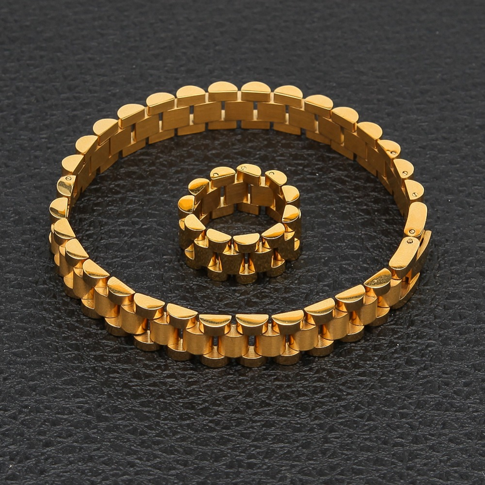 10mm Wristband Link Bracelet And 10mm 8-12 Adjustable Size Ring Stainless Steel Silver Gold Color Bracelets/Rings Set