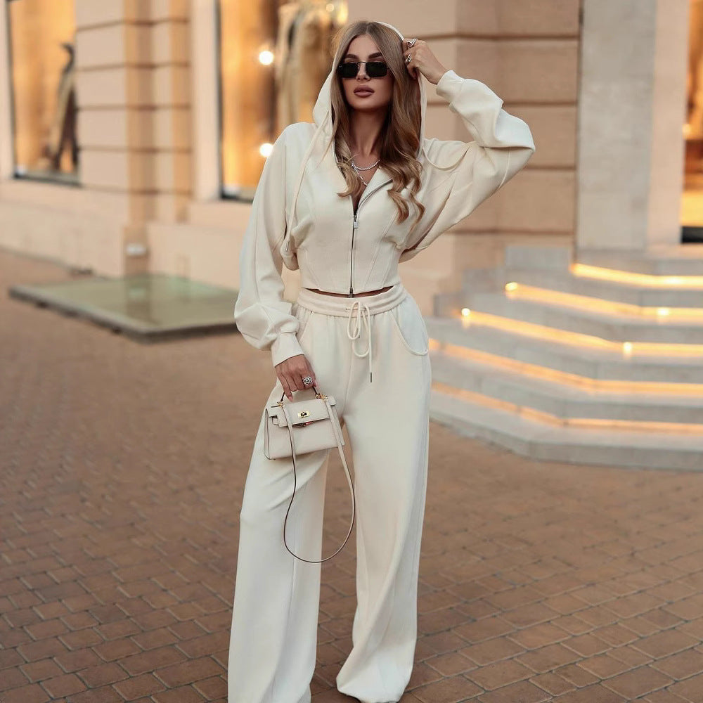 Casual Zipper Hooded Sweatshirt and Trousers Set