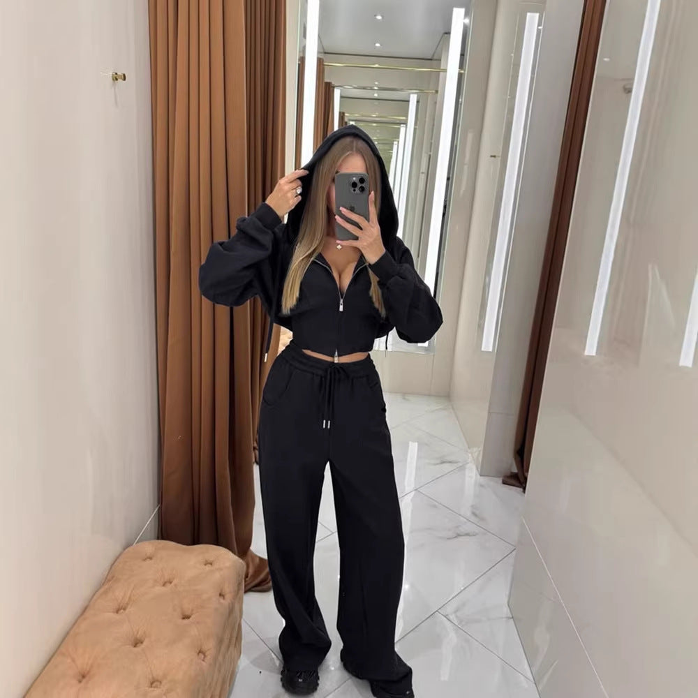 Casual Zipper Hooded Sweatshirt and Trousers Set