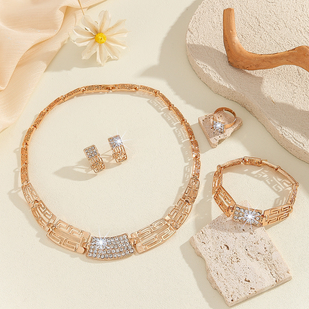 Full Diamond Necklace, Earrings Rings Bracelets Four Piece Set