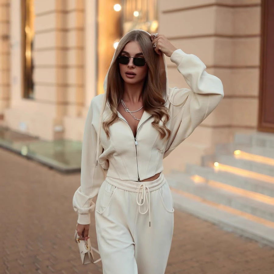 Casual Zipper Hooded Sweatshirt and Trousers Set