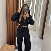 Casual Zipper Hooded Sweatshirt and Trousers Set