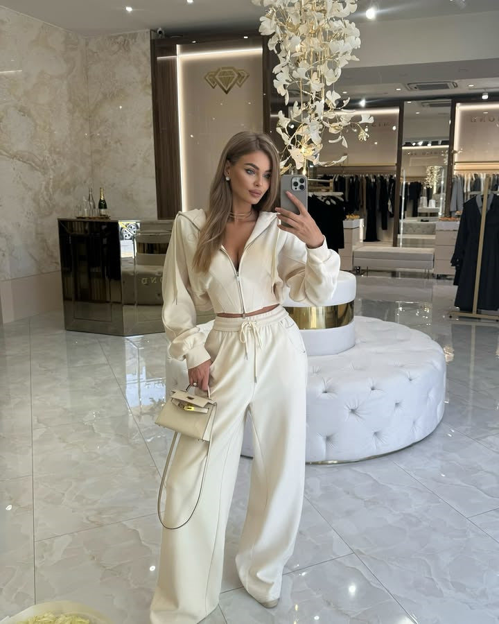 Casual Zipper Hooded Sweatshirt and Trousers Set