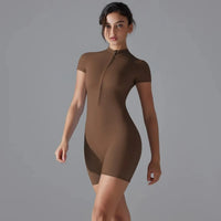 Yoga suit women's jumpsuit summer zipper short sleeved shorts yoga jumpsuit women's dance fitness tight fitting sports jumpsuit