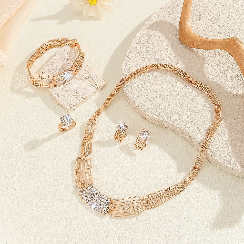 Full Diamond Necklace, Earrings Rings Bracelets Four Piece Set