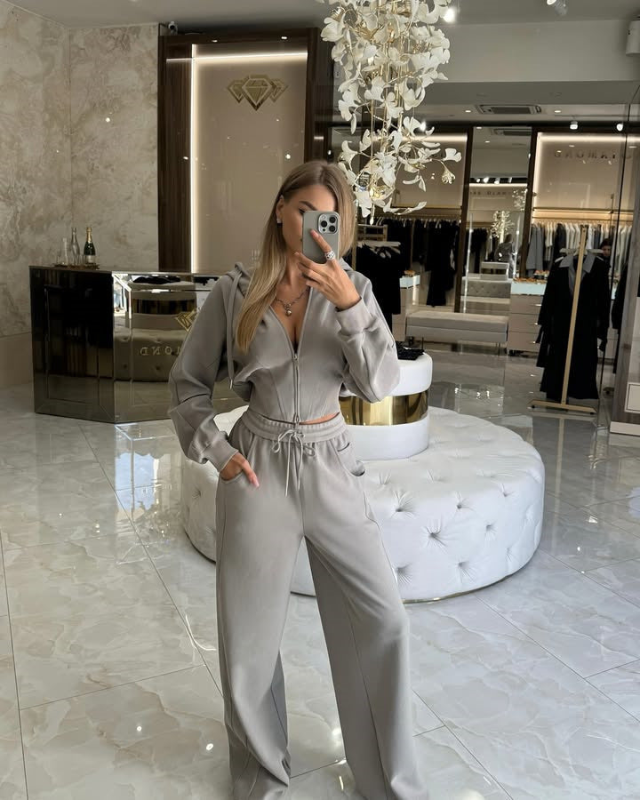 Casual Zipper Hooded Sweatshirt and Trousers Set
